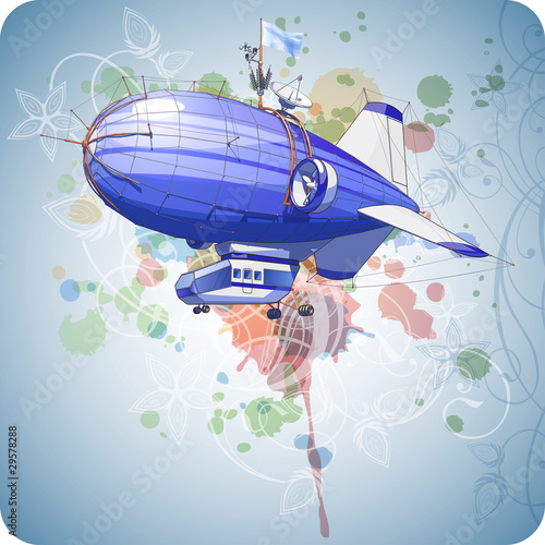 Dirigible balloon, blue sky & floral calligraphy ornament - a st
