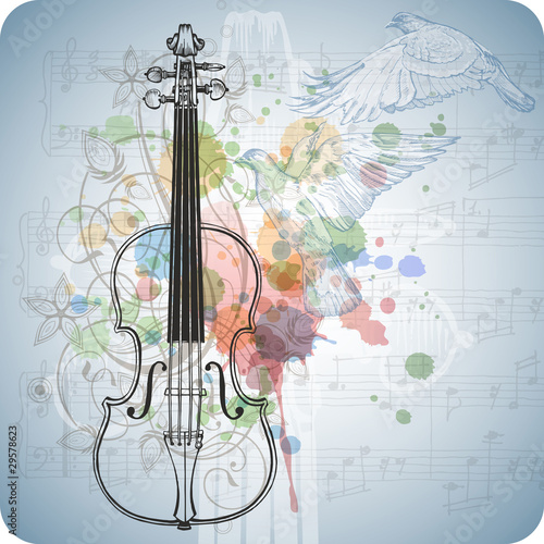 Violin, music sheets, flying doves on the color paint background