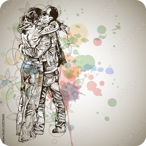 Vector illustration: Two lovers kissing & floral calligraphy orn