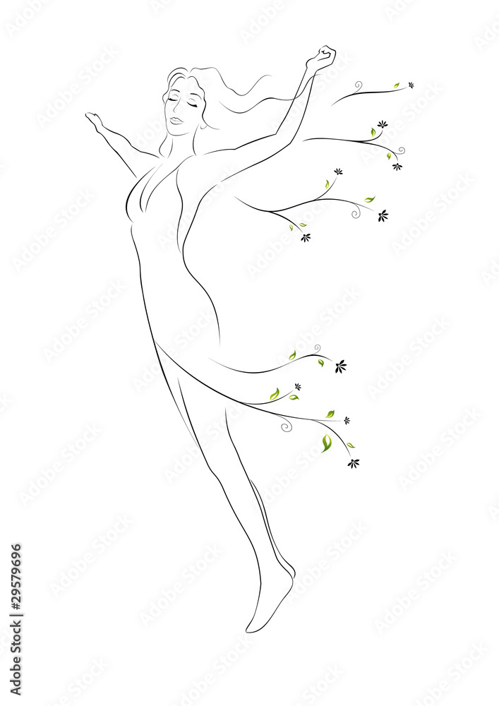 Flying girl with green leaves in her hair