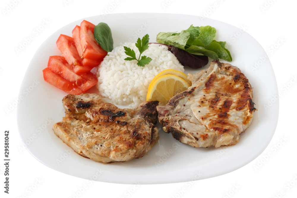 grilled pork with boiled rice and vegetables