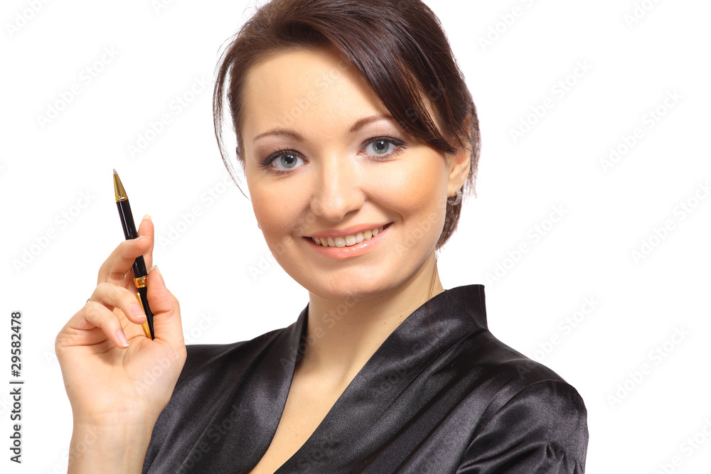 portrait of a young woman with pen isolated on white portrait of a young woman with pen isolated on white