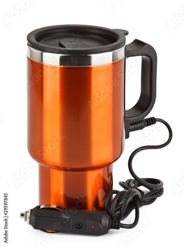 Orange electric thermos mug for auto 12 volt lighter