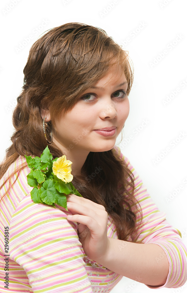 Closeup portrait of a beautiful happy young woman holding plant Closeup portrait of a beautiful happy young woman holding plant
