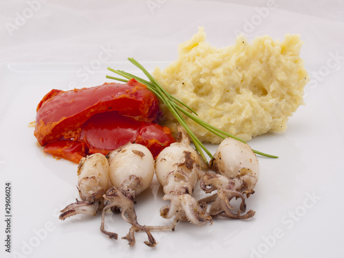 Tintenfische mit Paprika und Kartoffelbrei photo