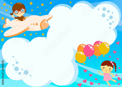 cartolina con bambini e nuvoletta per inserire un messaggio photo