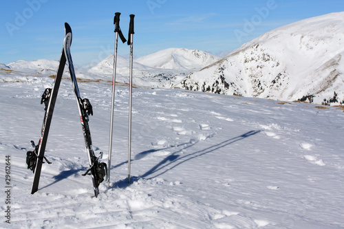 ski equipment on the top of mountain