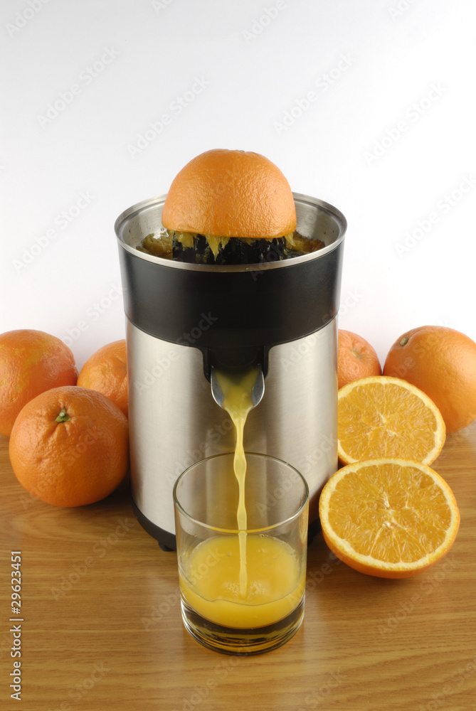 Exprimidor, naranja, zumo, líquido Stock Photo