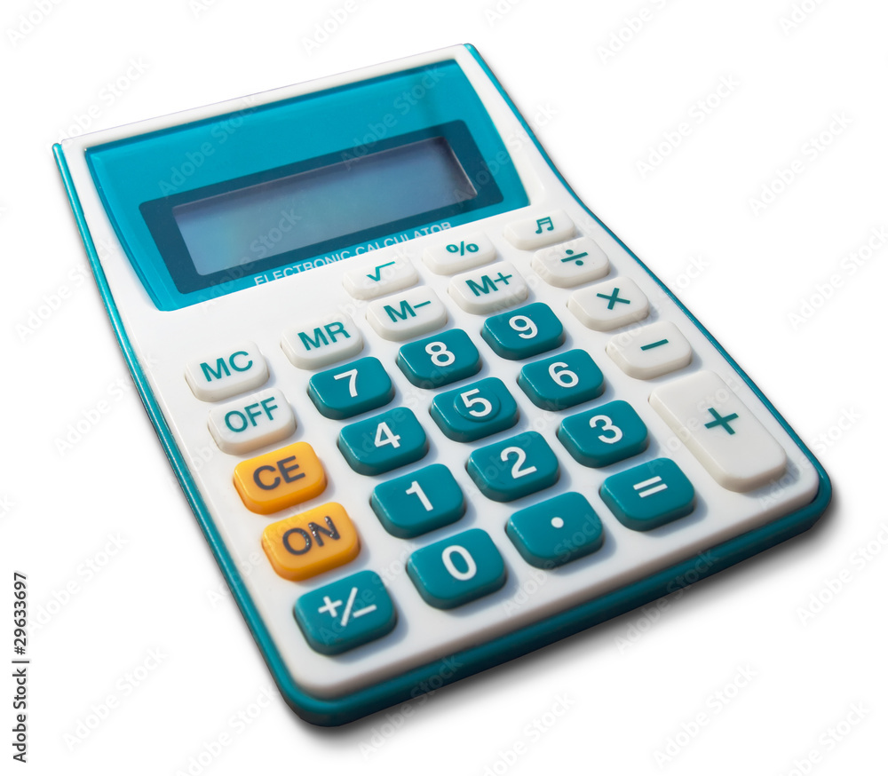 White calculator green white yellow button White calculator green white yellow button