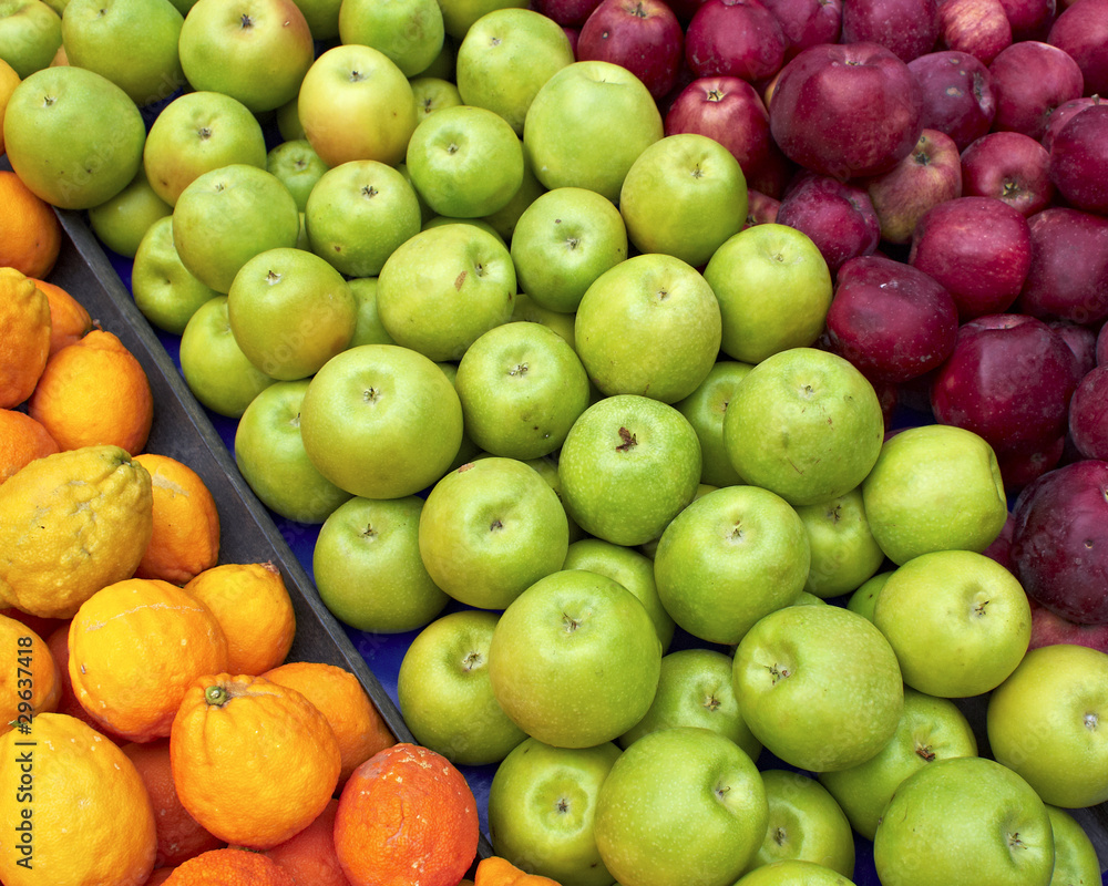 apples and bergamots at the local market, natural background apples and bergamots at the local market, natural background