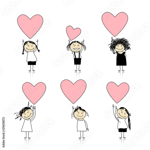 Cute girls with valentine hearts for your design