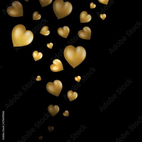 Abstract flying gold hearts on black background