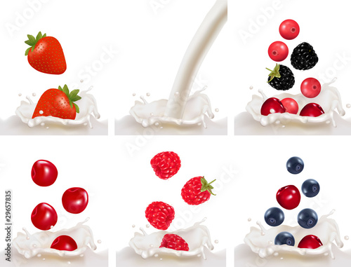 Set with fruits falling into the milk splash. Vector