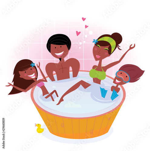 Dark skin family with two children in bath tub. Vector