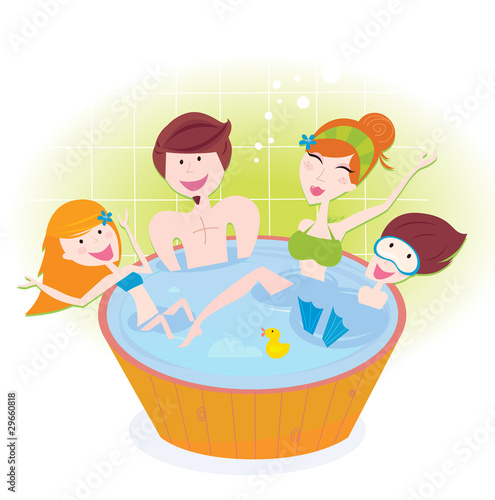Happy family with two children in whirlpool bath. Vector