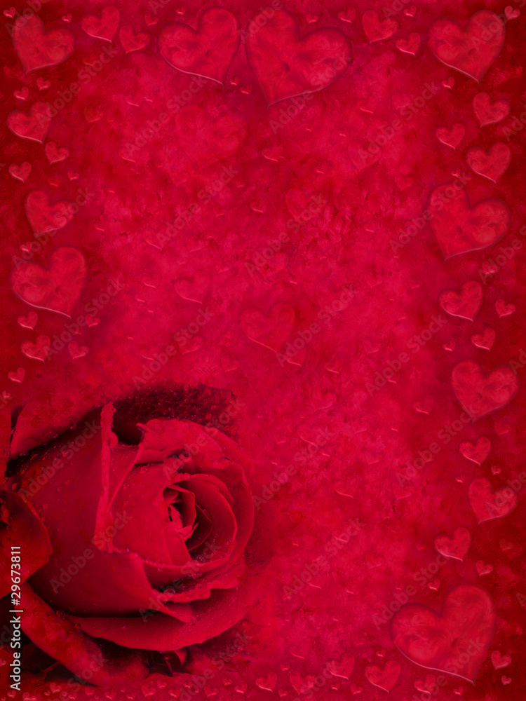Naklejka premium Red greeting card with rose bud and hearts