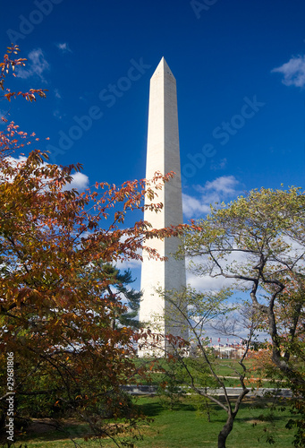 Washington Monument Autumn Framed Leaves Blue Sky
