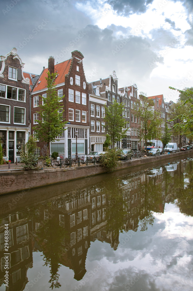 Amsterdam canals and typical houses with water reflections