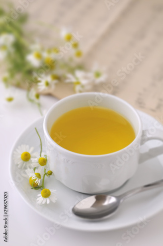 Taza blanca de manzanilla con flores frescas
