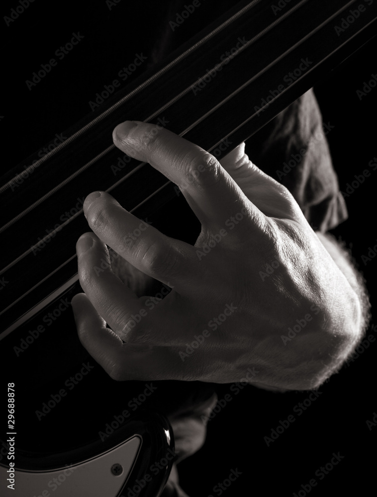 playing fretless electric bass guitar; toned monochrome image;