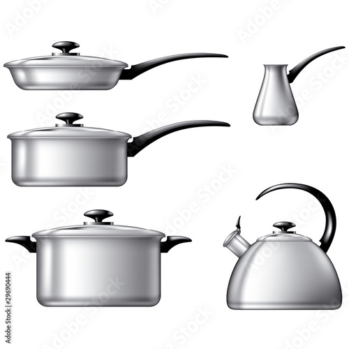 Cooking ware: stainless steel pots, teapot and coffee pot