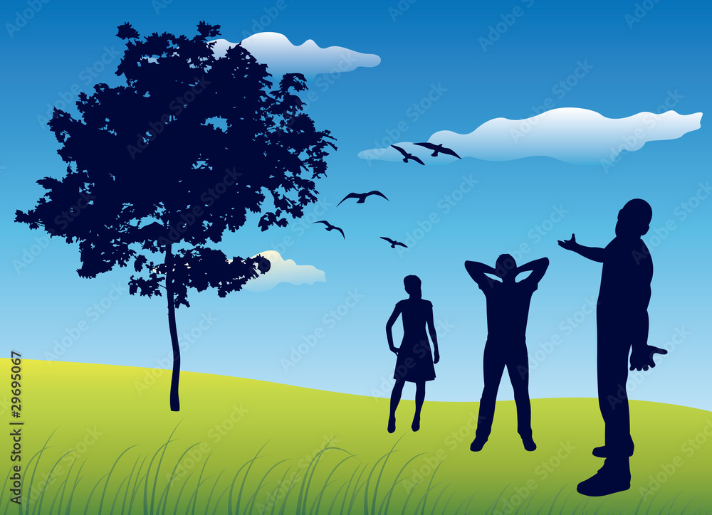 silhouette of three people standing on summer field near tree, b silhouette of three people standing on summer field near tree, b
