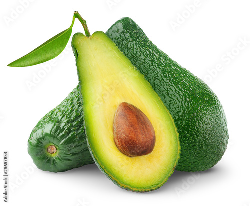Isolated avocado. Cut green avocado fruits isolated on white background