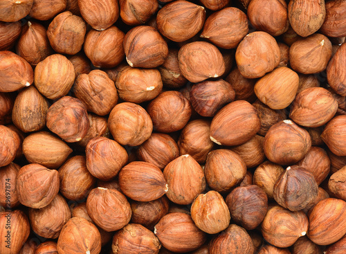 Hazelnuts closeup shot, horizontal background