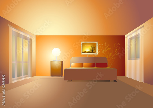 bedroom interior with a lamp shining
