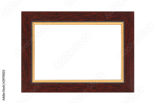 Gold-brown wooden frame isolated on white background.