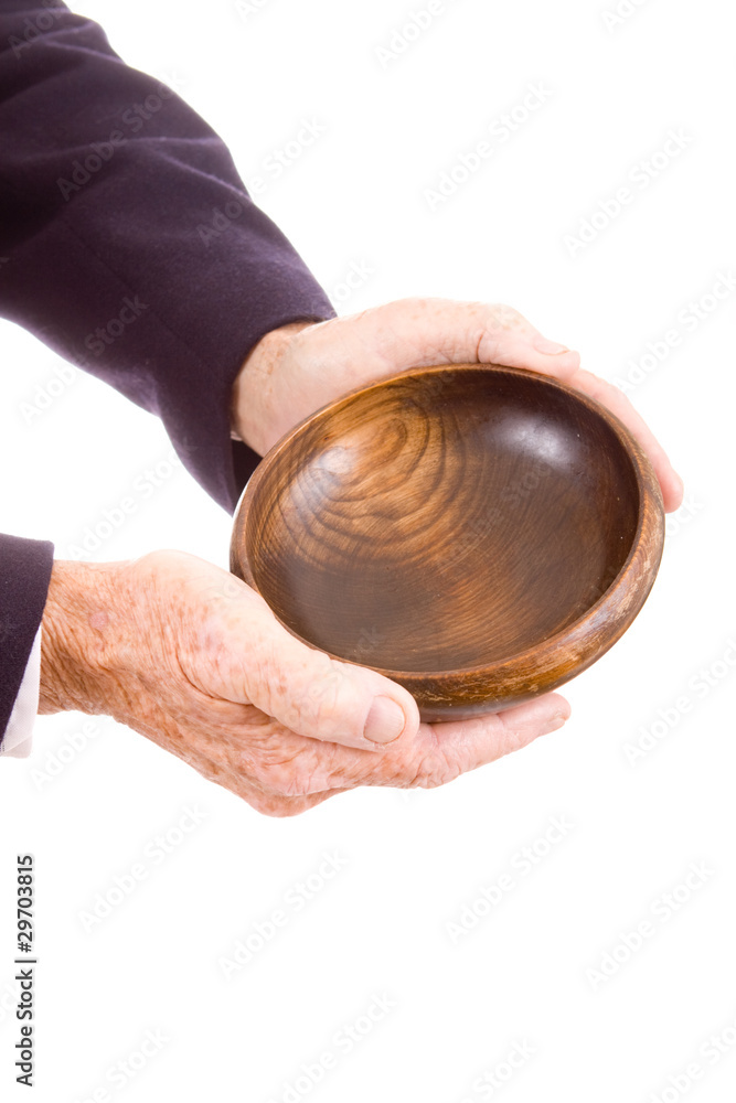 Old White Man Hands Holding Wooden Bowl Isolated Old White Man Hands Holding Wooden Bowl Isolated