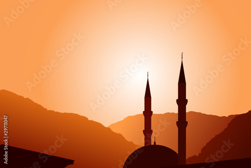 Vector mosque silhouette at sunset