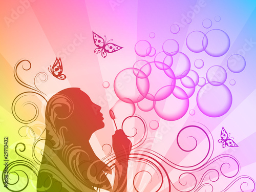 Rainbow background with girl silhouette blowing soap bubbles