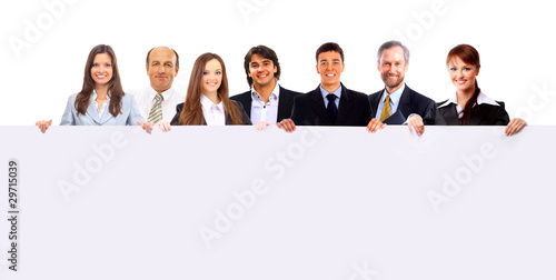 group of business people holding a banner ad isolated