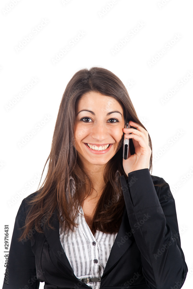 Smiling businesswoman talking on the phone isolated on white Smiling businesswoman talking on the phone isolated on white