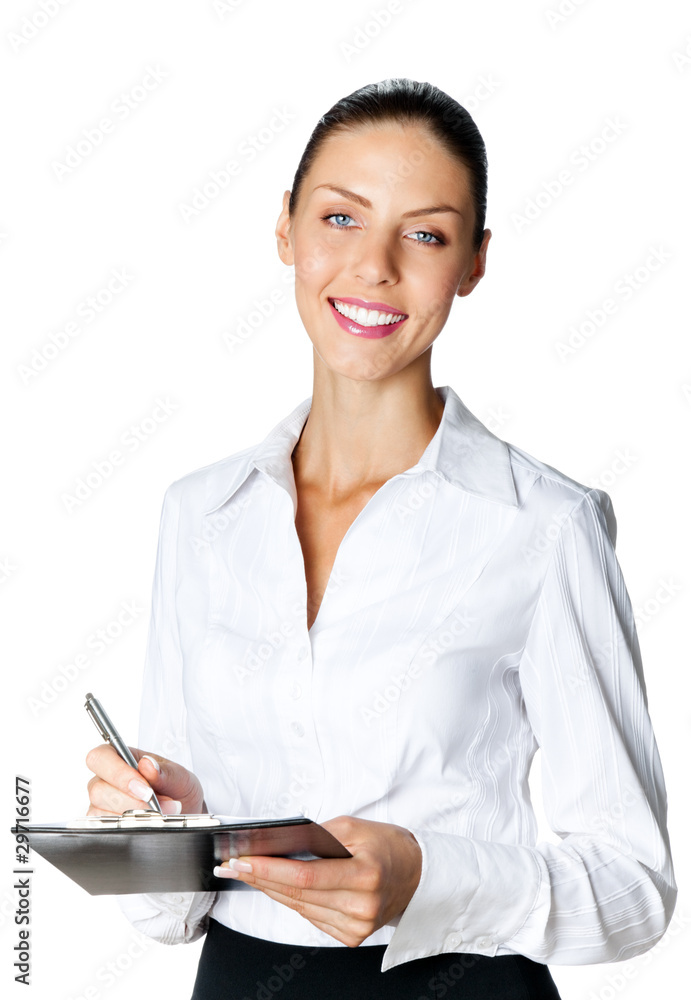 Happy businesswoman with clipboard writing, isolated on white Happy businesswoman with clipboard writing, isolated on white