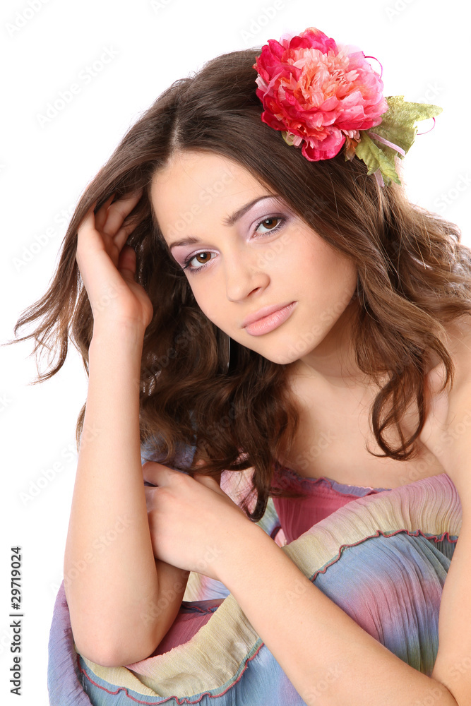 pretty girl with long hair and flower-hairpin