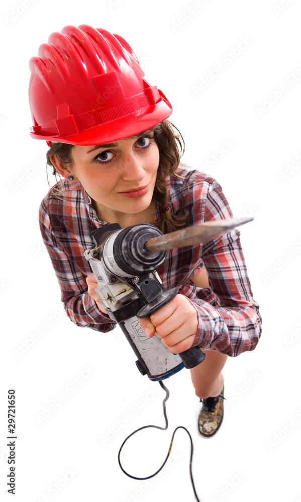 girl with drill looking up