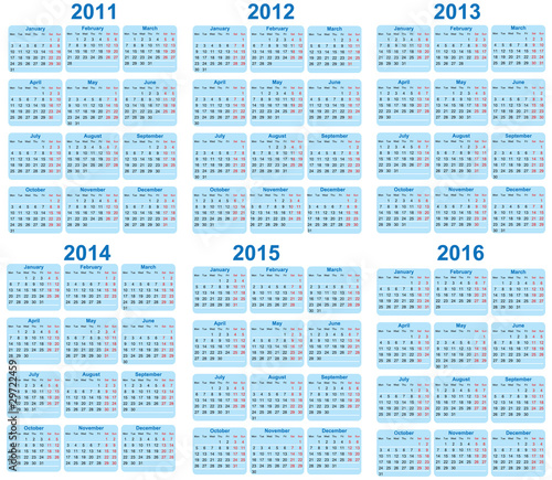 Set of 2011 - 2016 Calendar