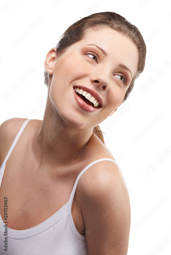 Beautiful young woman face. Isolated over white background Beautiful young woman face. Isolated over white background