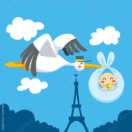 Cute stork carrying a newborn baby for delivery