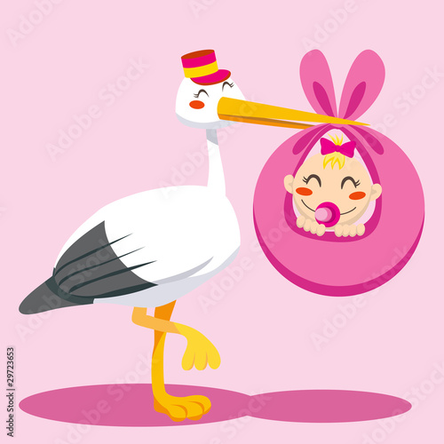 Stork with hat carrying a newborn baby girl