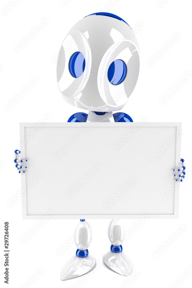 3d robot holding and presenting a blank card 3d robot holding and presenting a blank card