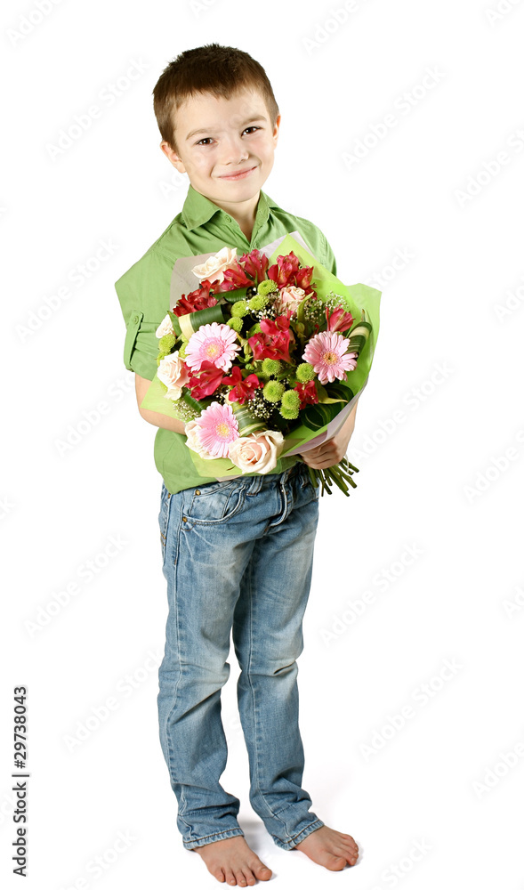 One boy with bouquet of flower One boy with bouquet of flower