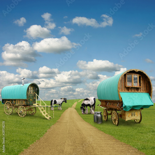 Fototapeta Old Gypsy Caravans, Trailers, Wagons with Horses
