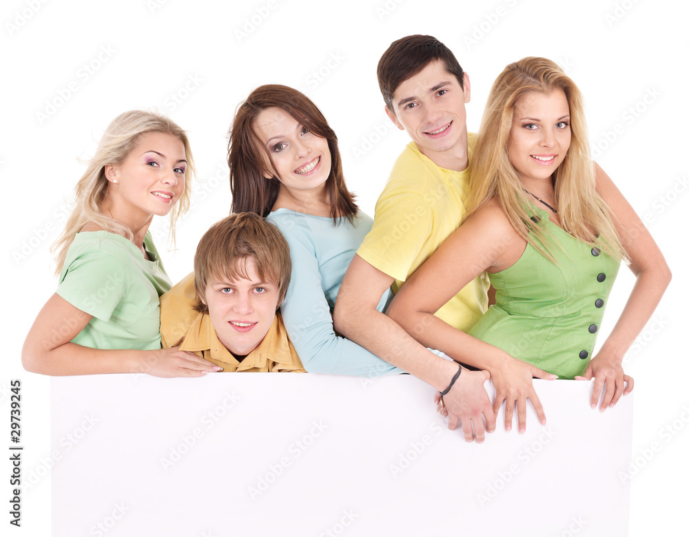 Group of happy people holding banner. Group of happy people holding banner.
