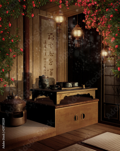 Orientalny pokój z z różami i lampionami