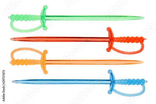 Multicolored plastic food skewers in rapier shape