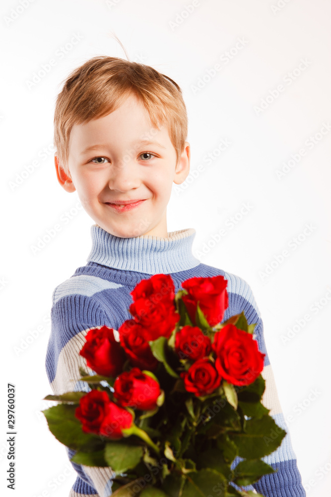 laughing boy with the bouquet of red roses laughing boy with the bouquet of red roses