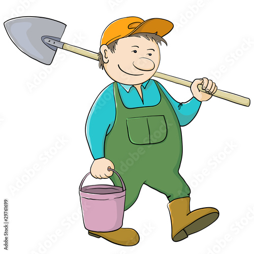 Man gardener with bucket and shovel